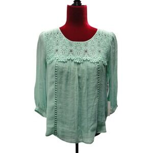 Figueroa & Flower PM Mint Green Crochet Trim Lined 3/4 Sleeve Blouse NWT G307